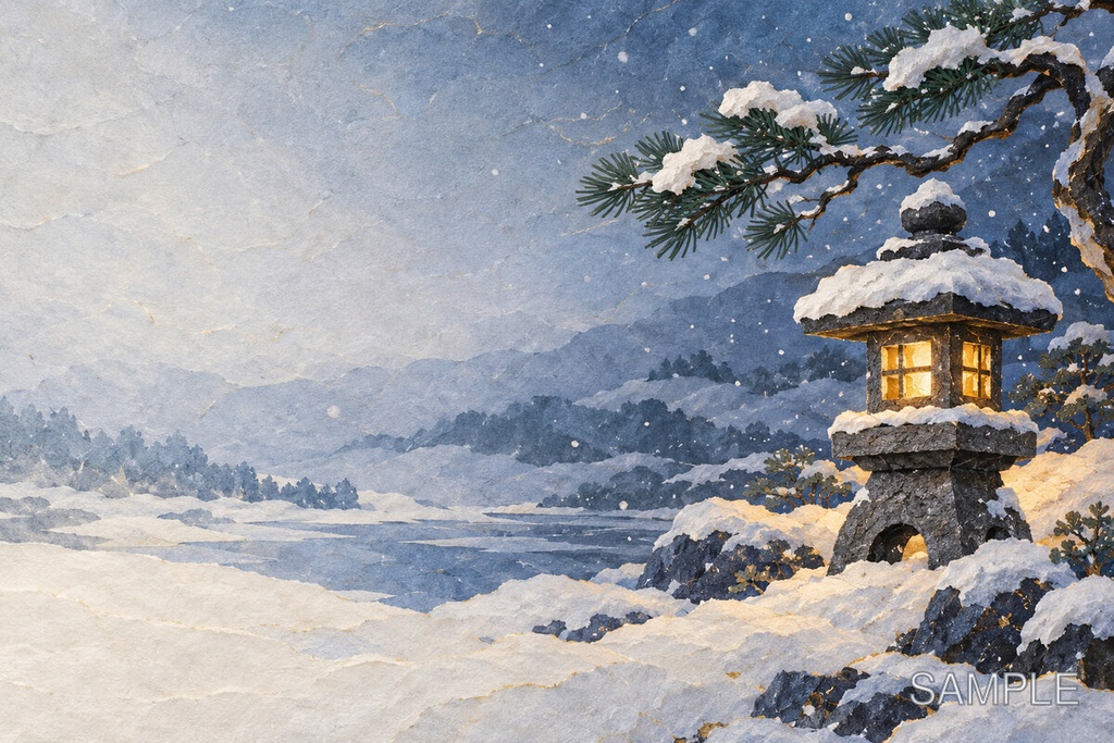 和モダン冬景色 背景素材6枚セット|雪・寒椿・丹頂鶴・和傘