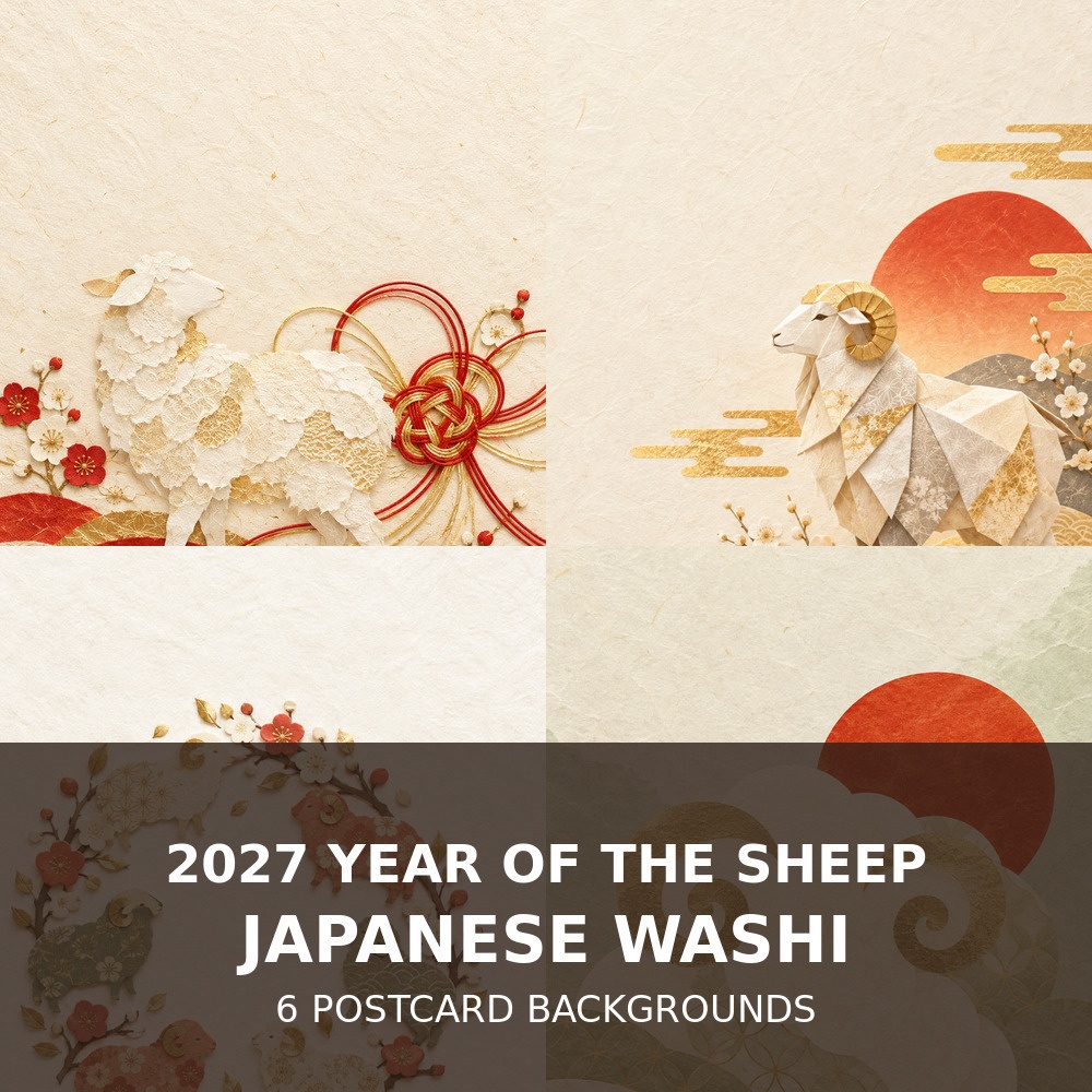 2027年 未年｜和モダン年賀状背景6枚セット｜羊・和紙・水引