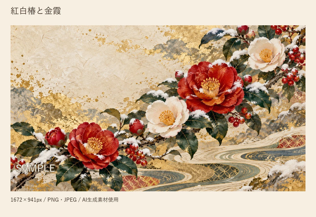 紅白椿と花扇の冬・迎春背景2点セット|金彩・和紙風|SNS告知・バナーに