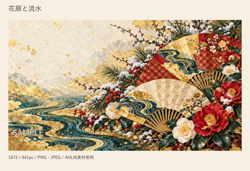 紅白椿と花扇の冬・迎春背景2点セット|金彩・和紙風|SNS告知・バナーに