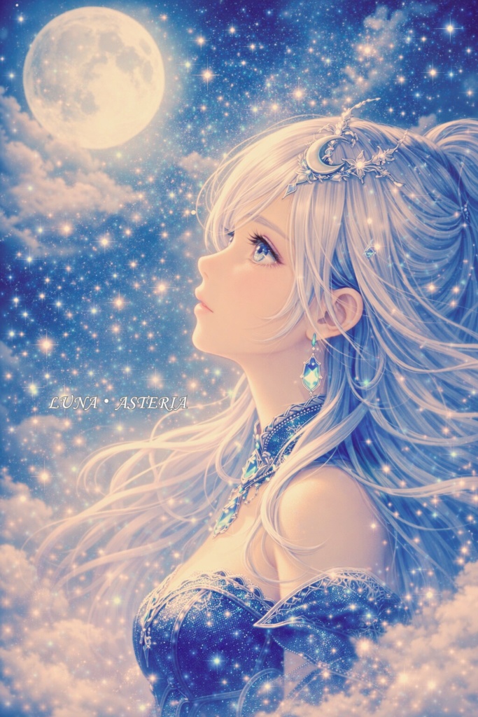 【高解像度】月と星に祈る少女「ルナ・アステリア」幻想デジタルイラスト（壁紙対応・特別版）