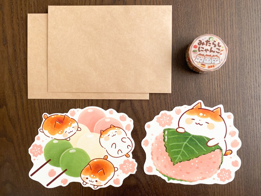 メッセージカード&マスキングテープセットA『みたらしにゃんこと和菓子』
