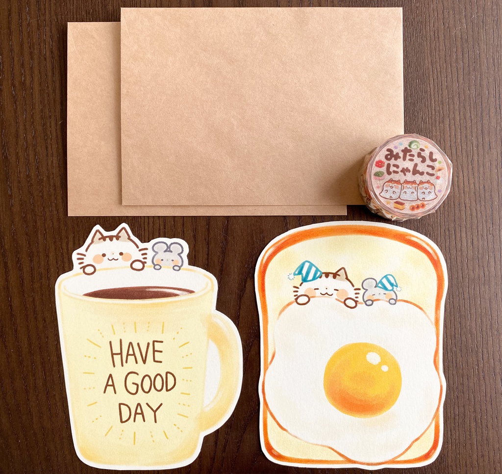 メッセージカード&マスキングテープセットA『野性を忘れた猫と目玉焼きトースト』