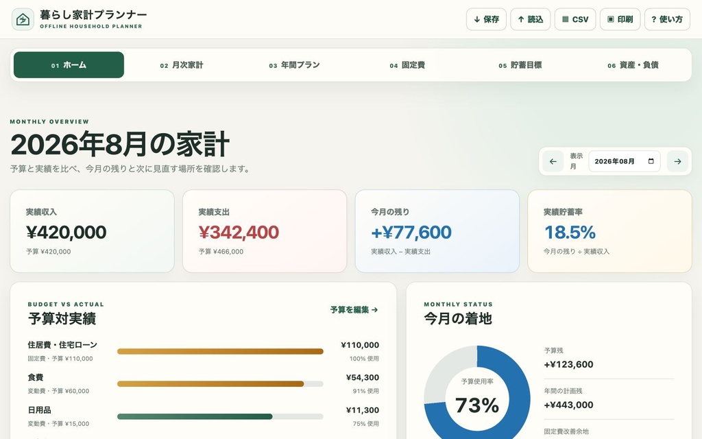 暮らし家計プランナー|月次予算・年間特別費・貯蓄目標・資産負債をひとつに