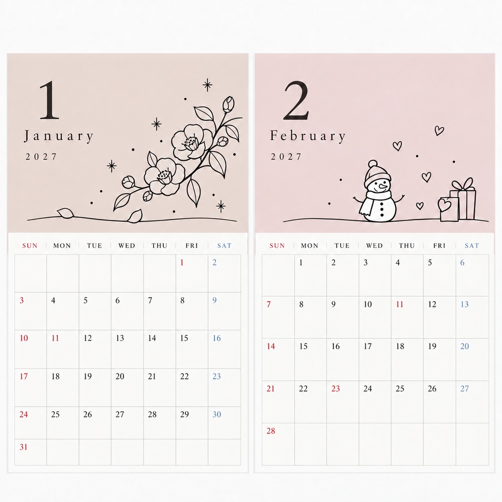 2027年 シンプル線画カレンダー|12ヶ月セット|くすみカラー・大人かわいい・デジタル版