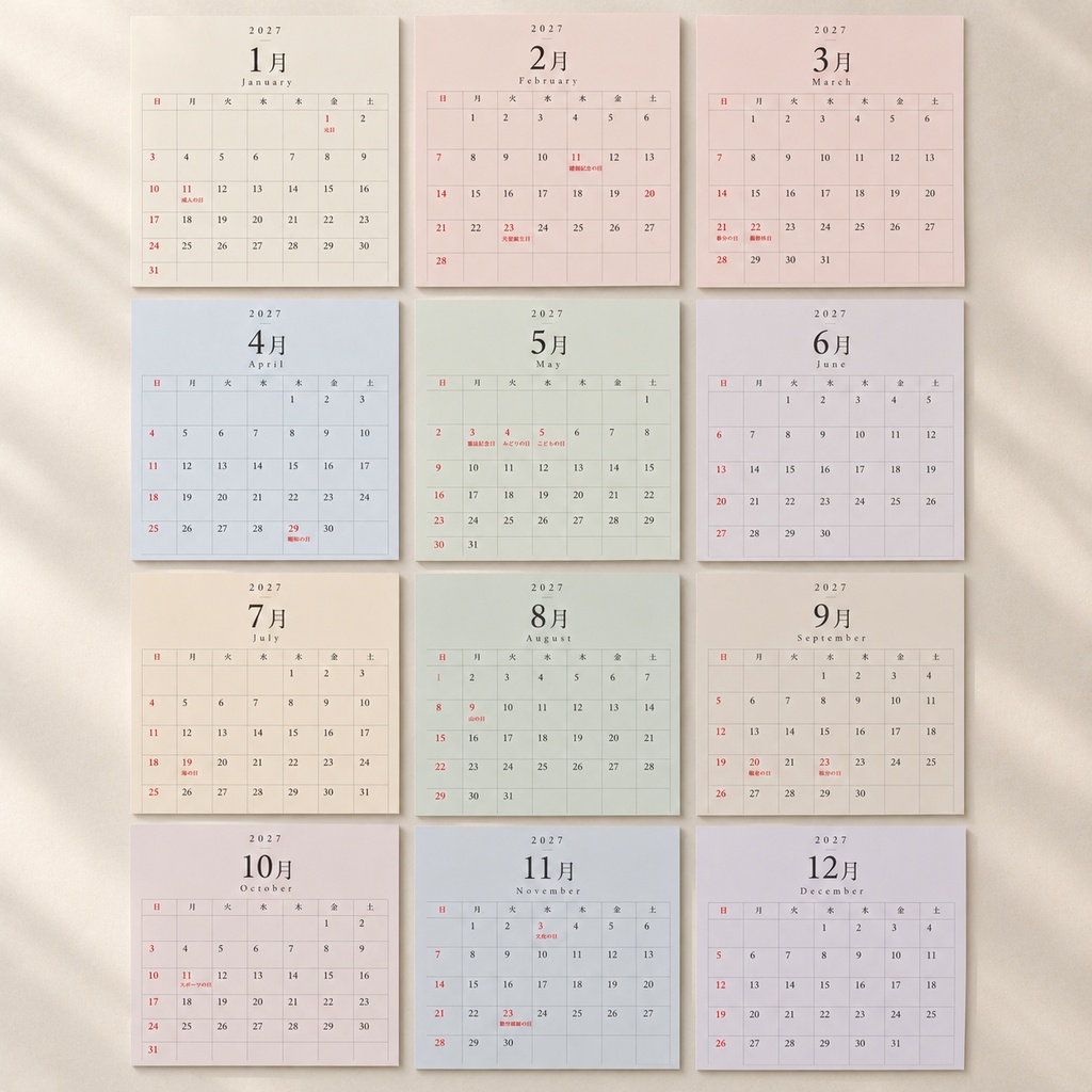 【2027年】シンプルカレンダー|12ヶ月セット|書き込みできるデジタルカレンダー