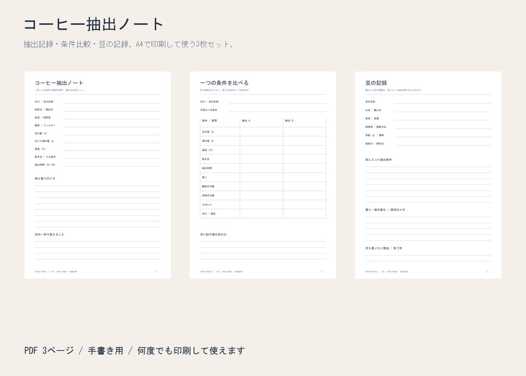 コーヒー抽出ノート｜記録・比較・豆の管理 A4 PDF 3枚