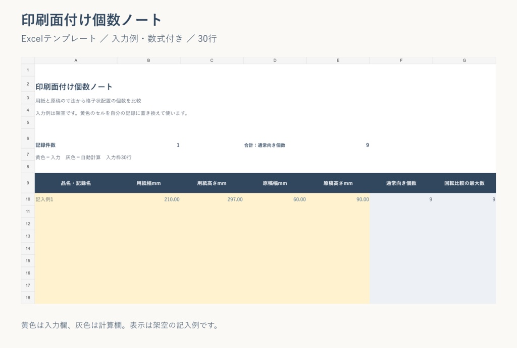 印刷面付け個数ノート｜Excelテンプレート・入力例付き