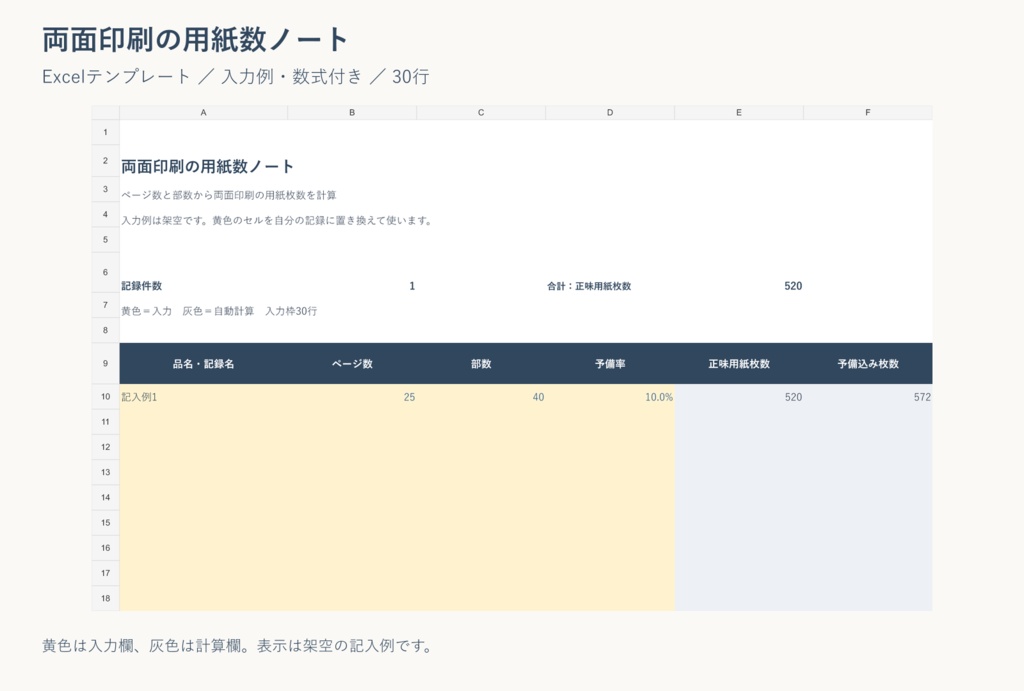 両面印刷の用紙数ノート｜Excelテンプレート・入力例付き