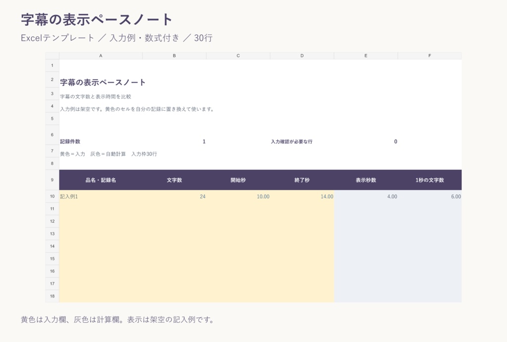 字幕の表示ペースノート｜Excelテンプレート・入力例付き