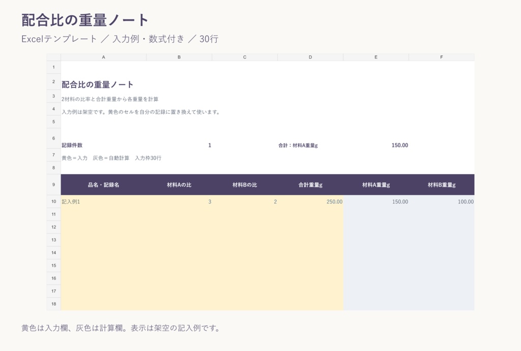 配合比の重量ノート|Excelテンプレート・入力例付き