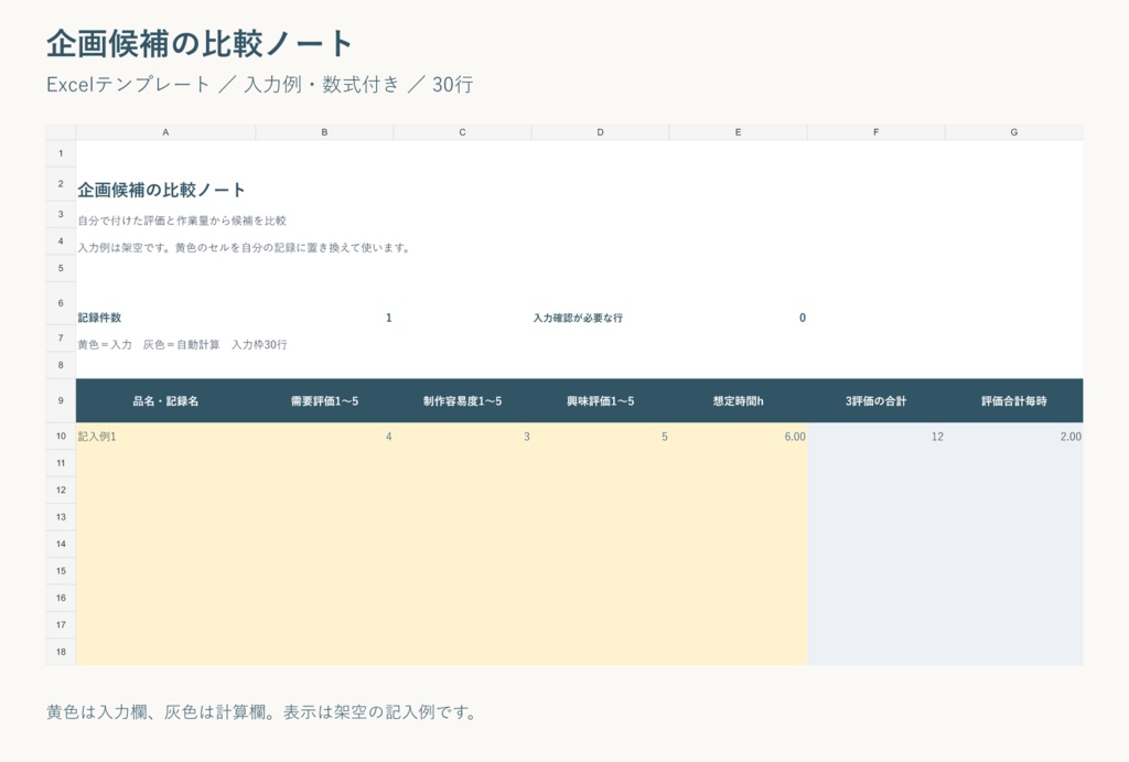 企画候補の比較ノート｜Excelテンプレート・入力例付き