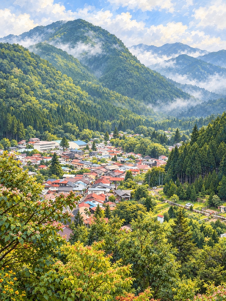 Village Among the Mountains  山あいの町
