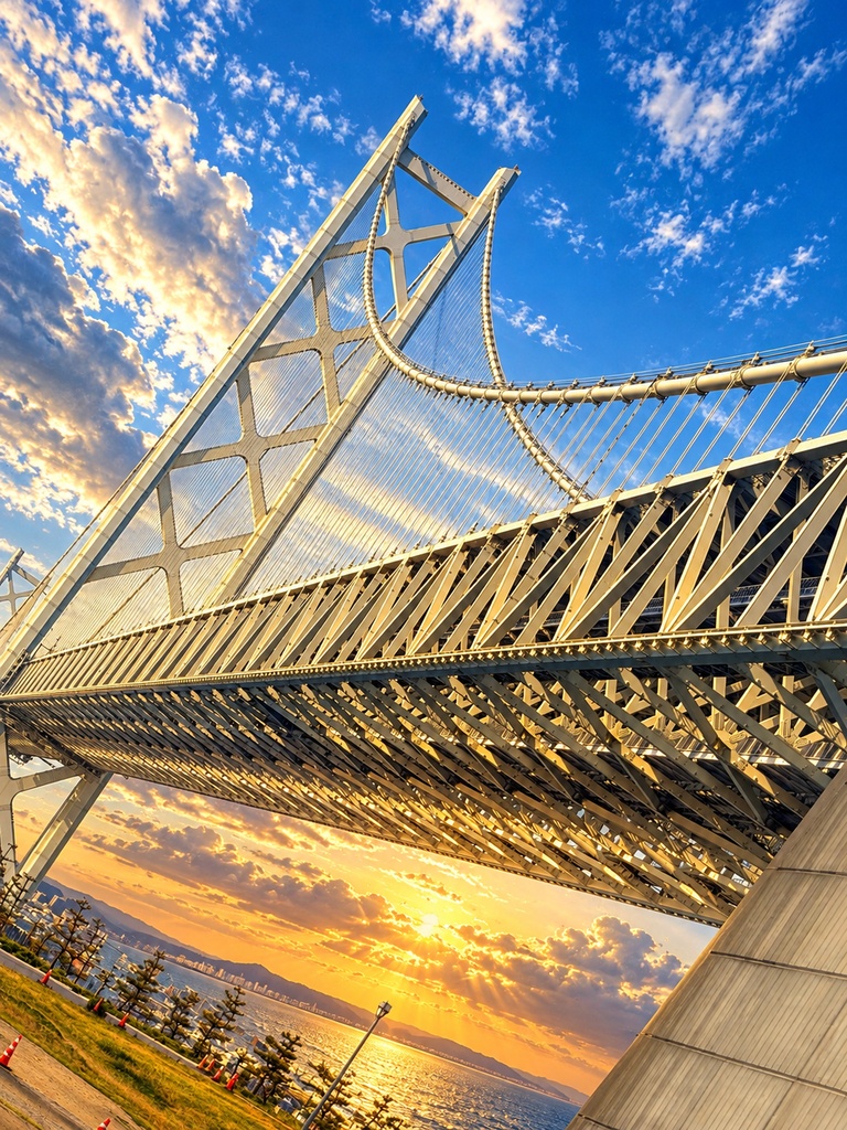 黄金の夕景に輝く明石海峡大橋｜Akashi Kaikyo Bridge at Sunset