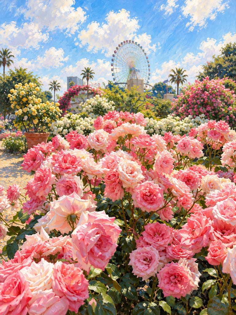 バラ咲く庭園と青空の観覧車｜Roses Under the Blue Sky