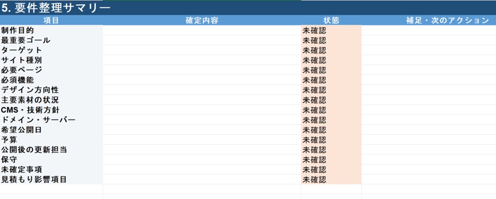Web制作ヒアリングシート・要件整理テンプレート【Excel・PDF】
