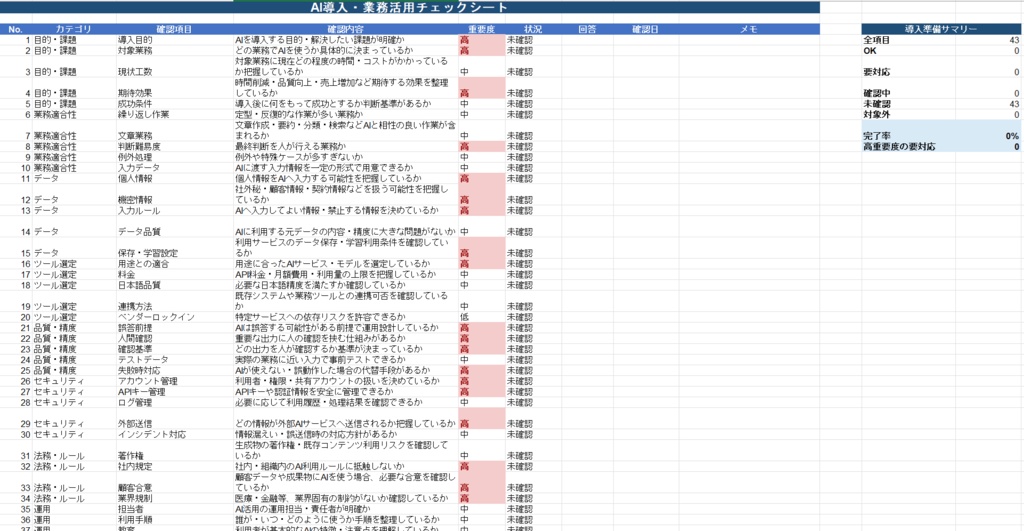 AI導入・業務活用チェックシート【Excelテンプレート】