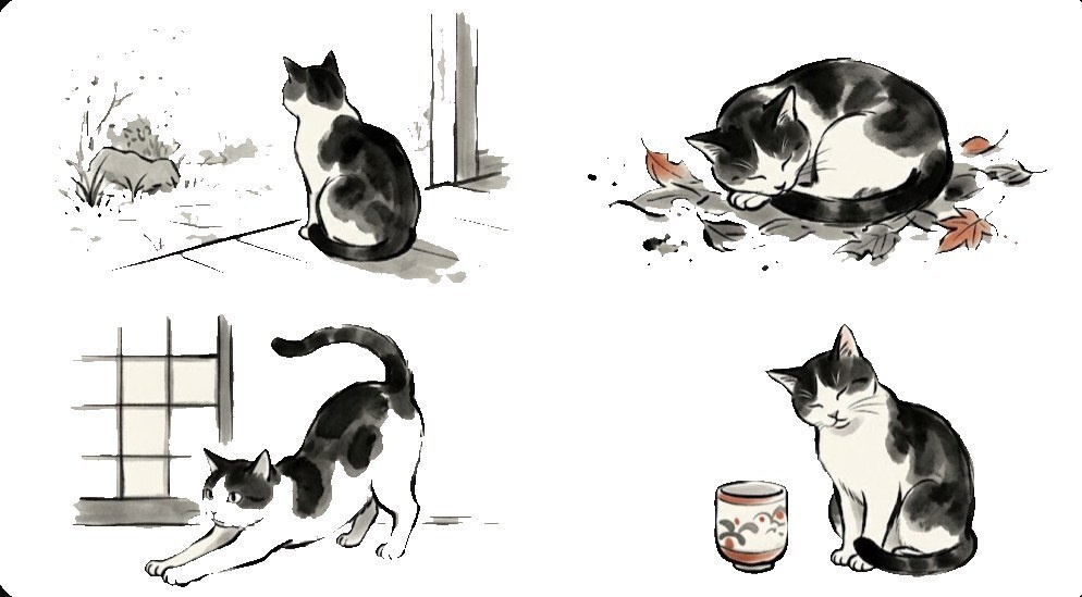 すみねこ四景 | 墨絵の猫イラスト素材(壁紙・アイコン・透過PNG)