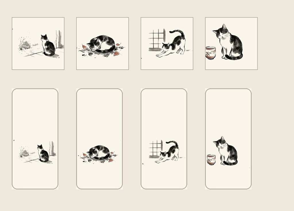すみねこ四景 | 墨絵の猫イラスト素材(壁紙・アイコン・透過PNG)