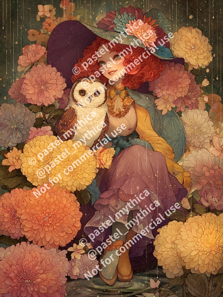 【個人利用限定】赤髪の魔女と秋色フラワーアート-AIファンタジーアート