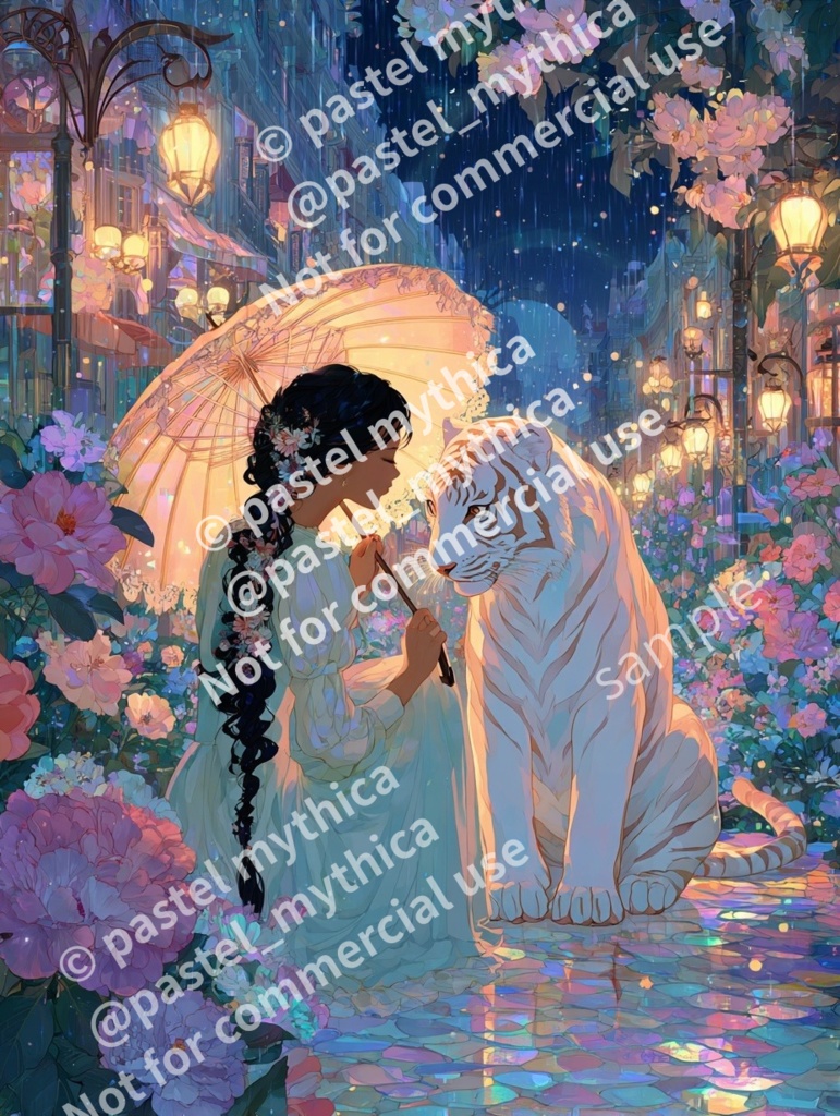 【個人利用限定】静かな雨夜の白虎との出会い-AIファンタジーアート