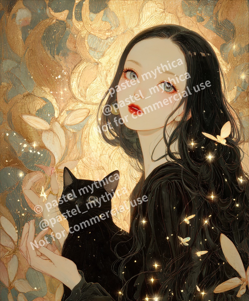 【個人利用限定】黒猫と星降る少女イラスト-AIファンタジーイラスト