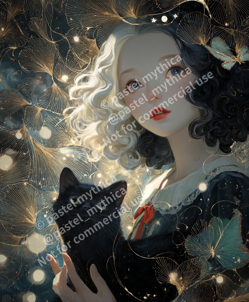 【個人利用限定】月影と黒猫の少女イラスト-AIファンタジーイラスト