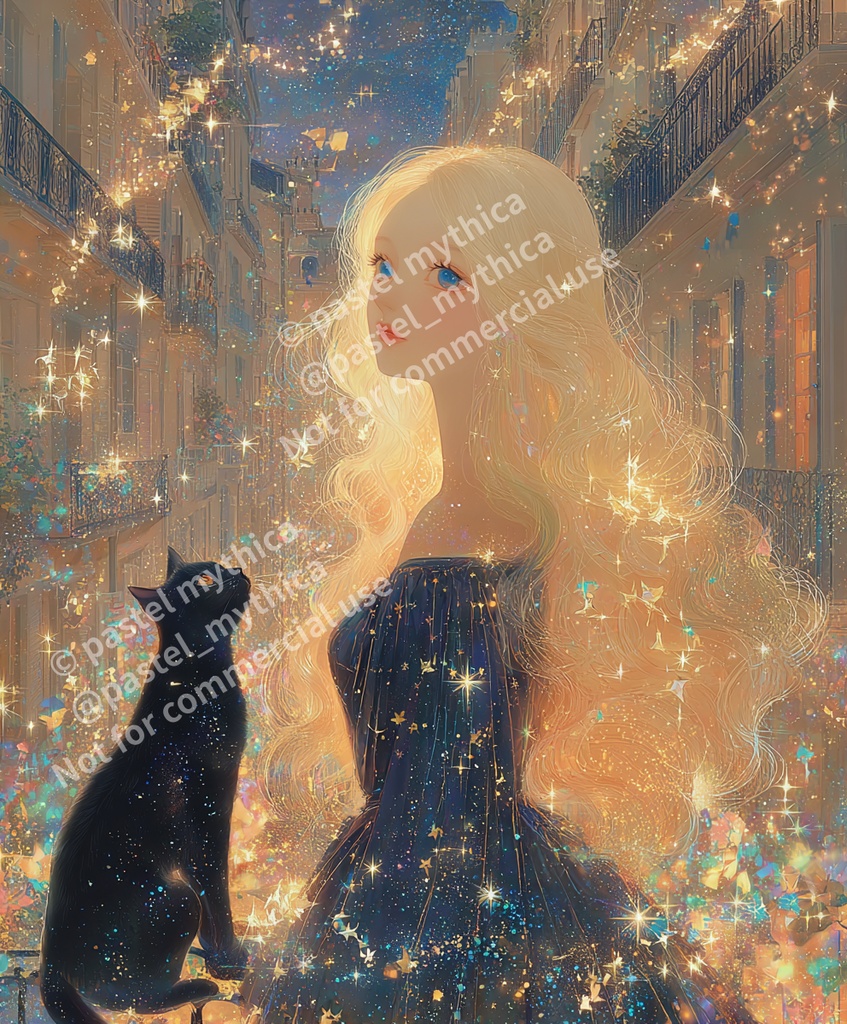 【個人利用限定】星灯りの黒猫と少女イラスト-AIファンタジーイラスト