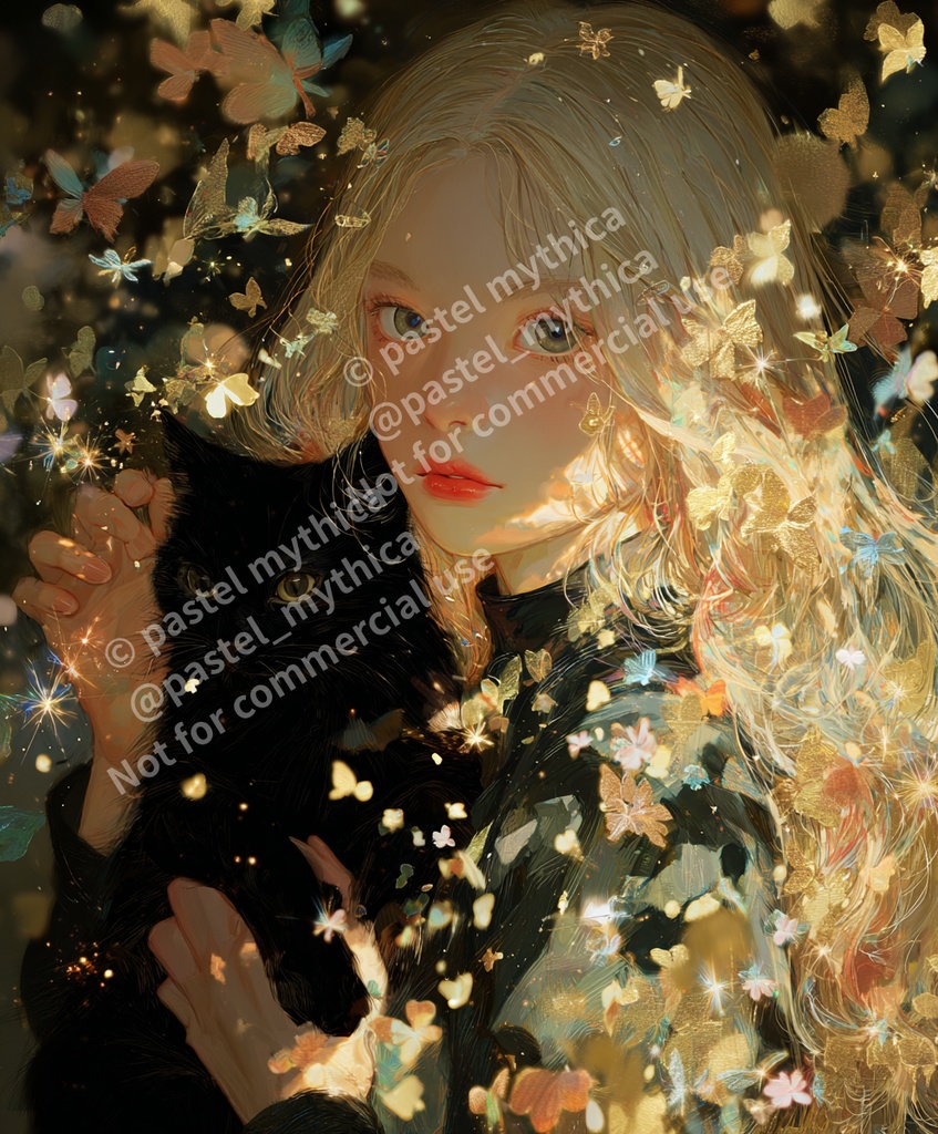 【個人利用限定】金色の蝶と黒猫の少女イラスト-AIファンタジーイラスト