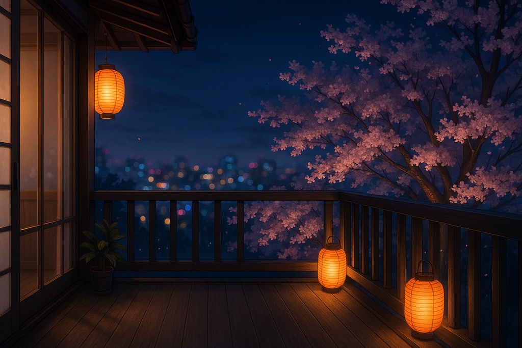 【和×春夜】配信用背景+透過小物+桜APNG/WEBM|春灯の縁側(商用可)