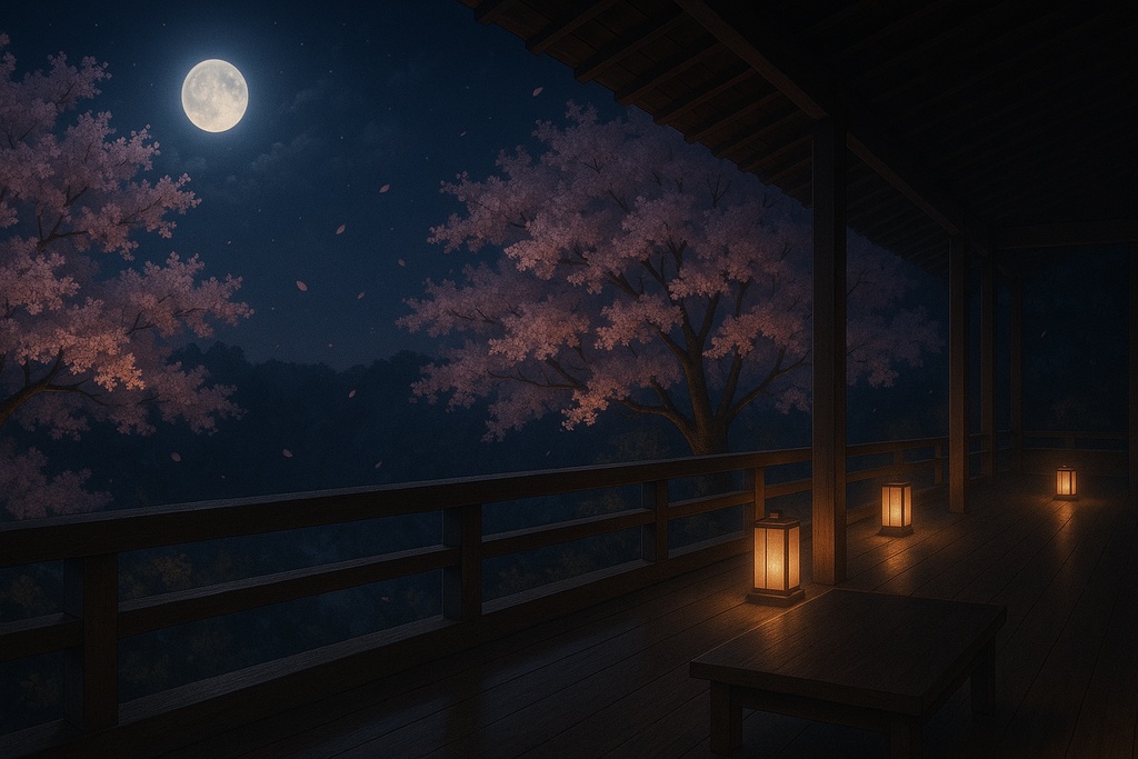 【和×春夜】配信用背景+透過小物+桜APNG/WEBM|春灯の縁側(商用可)