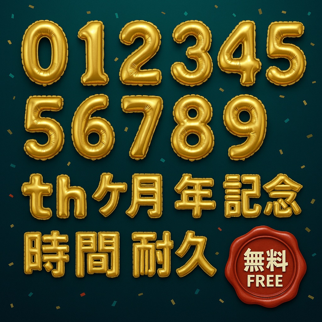 【無料】配信用ゴールド・バルーン文字｜数字0–9＋th/ヶ月/年/記念/時間/耐久 透過PNG