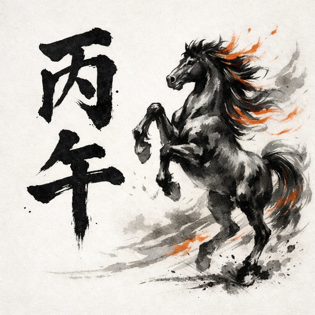 【無料素材】丙午墨絵デザイン〜ご利益素材〜