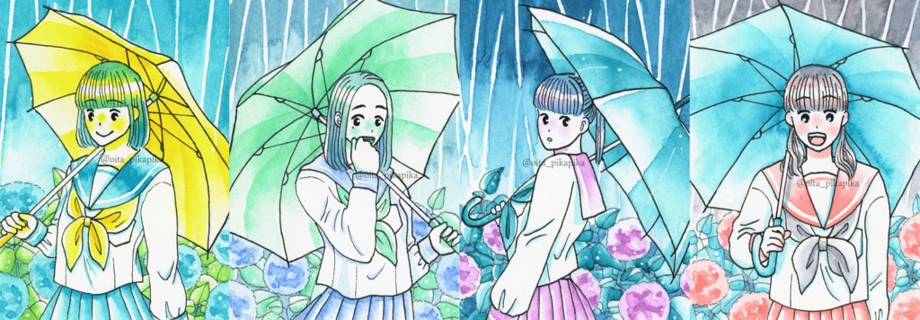 【原画】雨の日の通学路(4枚セット) 