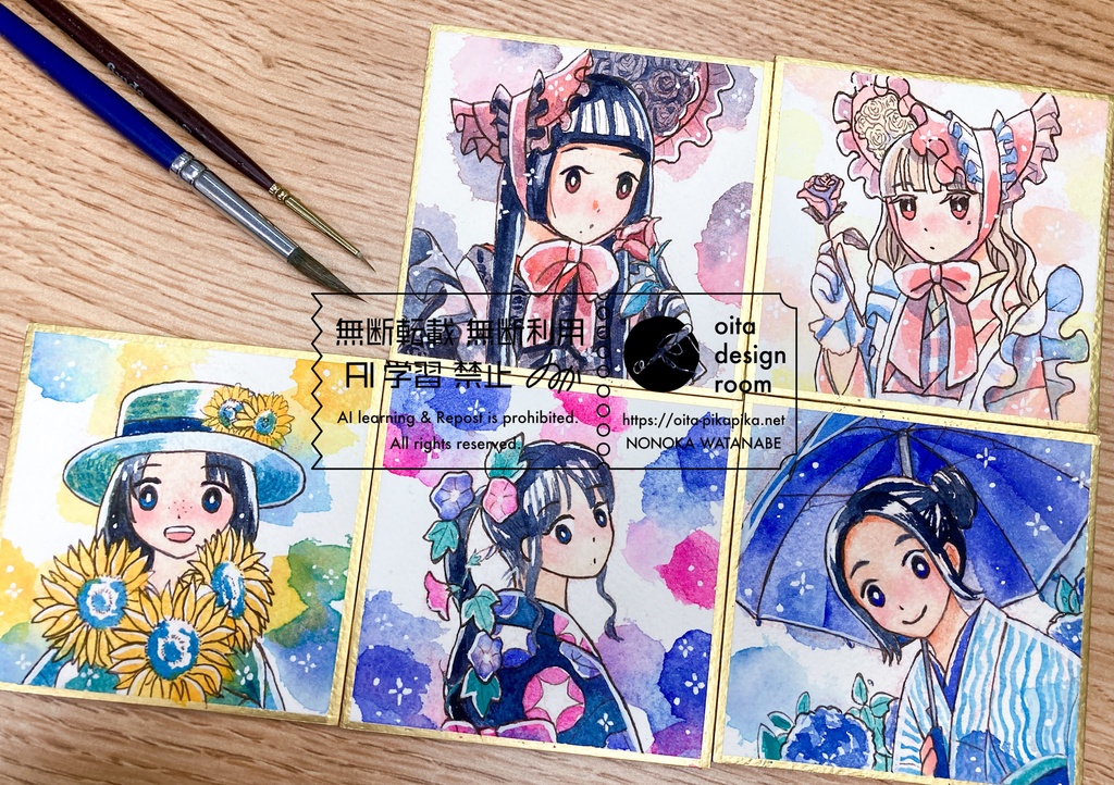 夏の花と和服のミニ色紙原画【名古屋コミティア66新作】