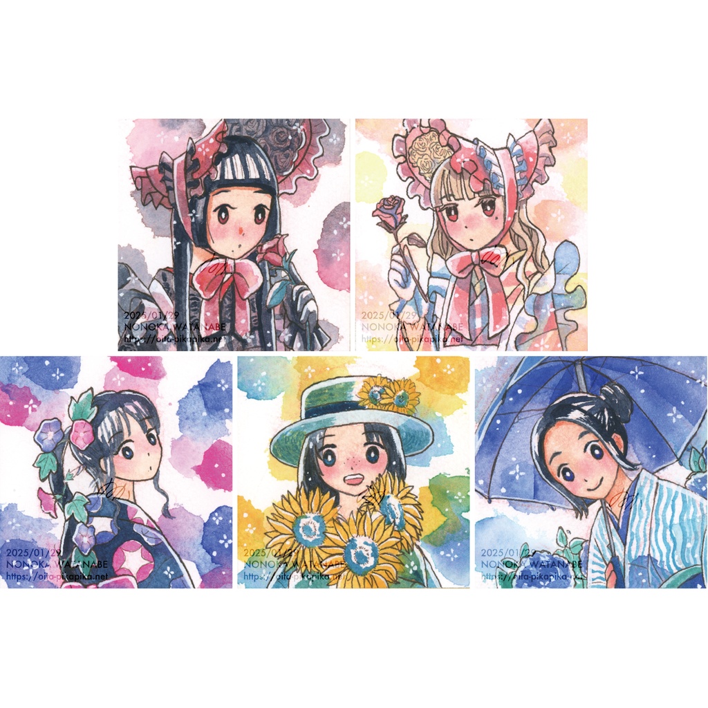 夏の花と和服のミニ色紙原画【名古屋コミティア66新作】