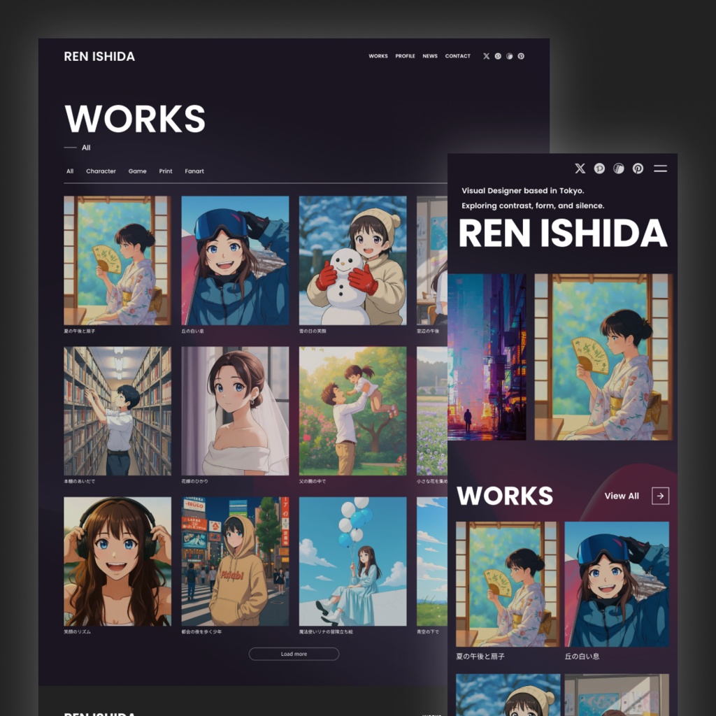 イラスト作品ギャラリーサイト テンプレート(Studio)– Noir