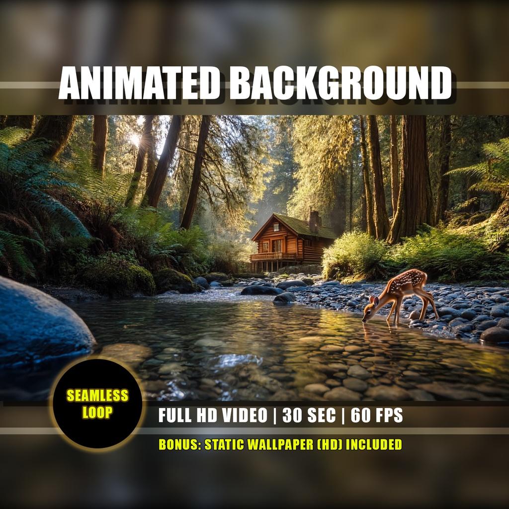 【動く背景】森の川辺 - 鹿のいるコテージと大自然 | Animated Background - Forest River, Cozy Nature with Deer, Cottage, Relaxing Live Wallpaper, Vtuber Loop