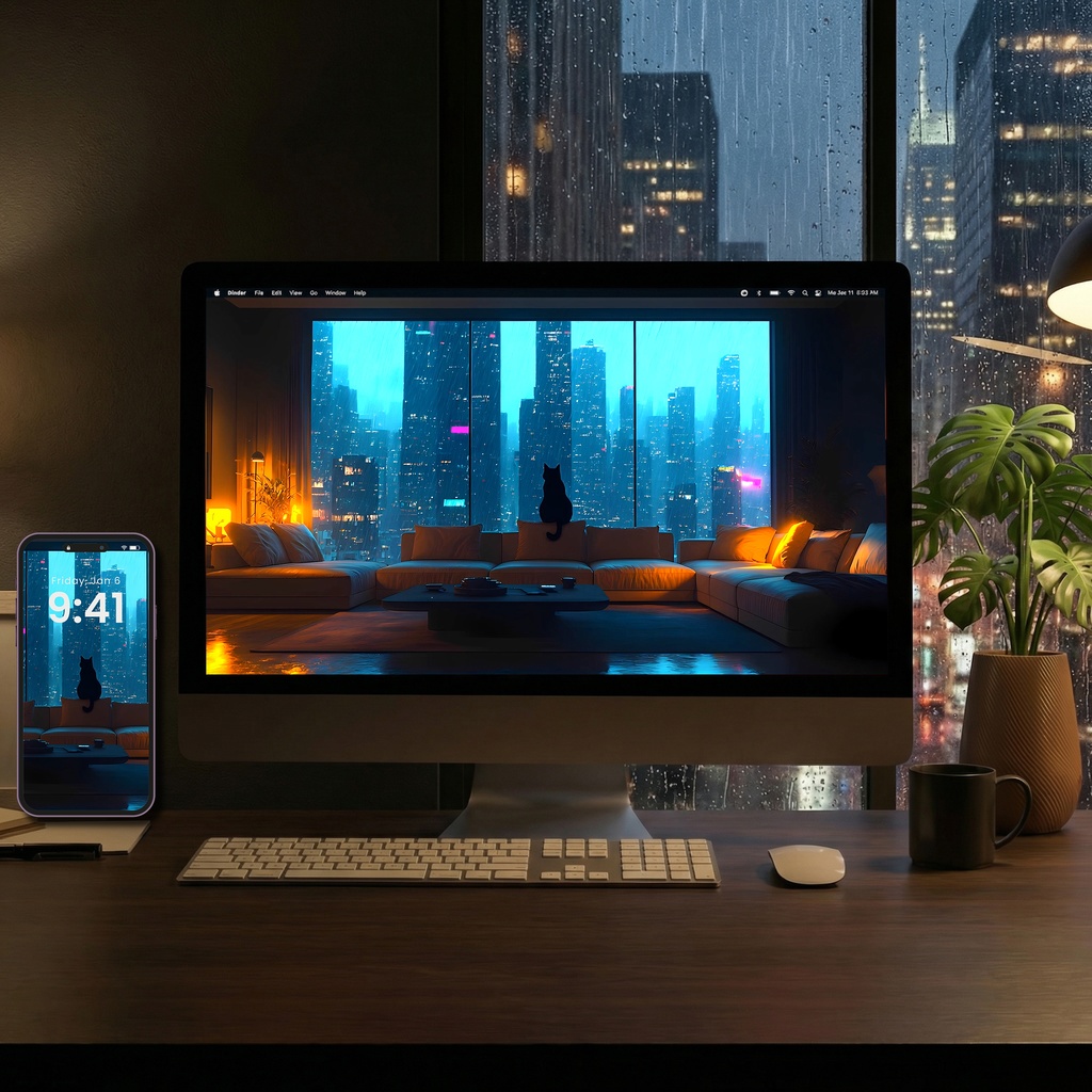 【動く背景】サイバーパンクなペントハウス - 猫と都会の夜景 | Animated Background - Penthouse Cityscape, Luxury Sci-Fi City, Chill Vtuber Stream Overlay, Seamless Loop