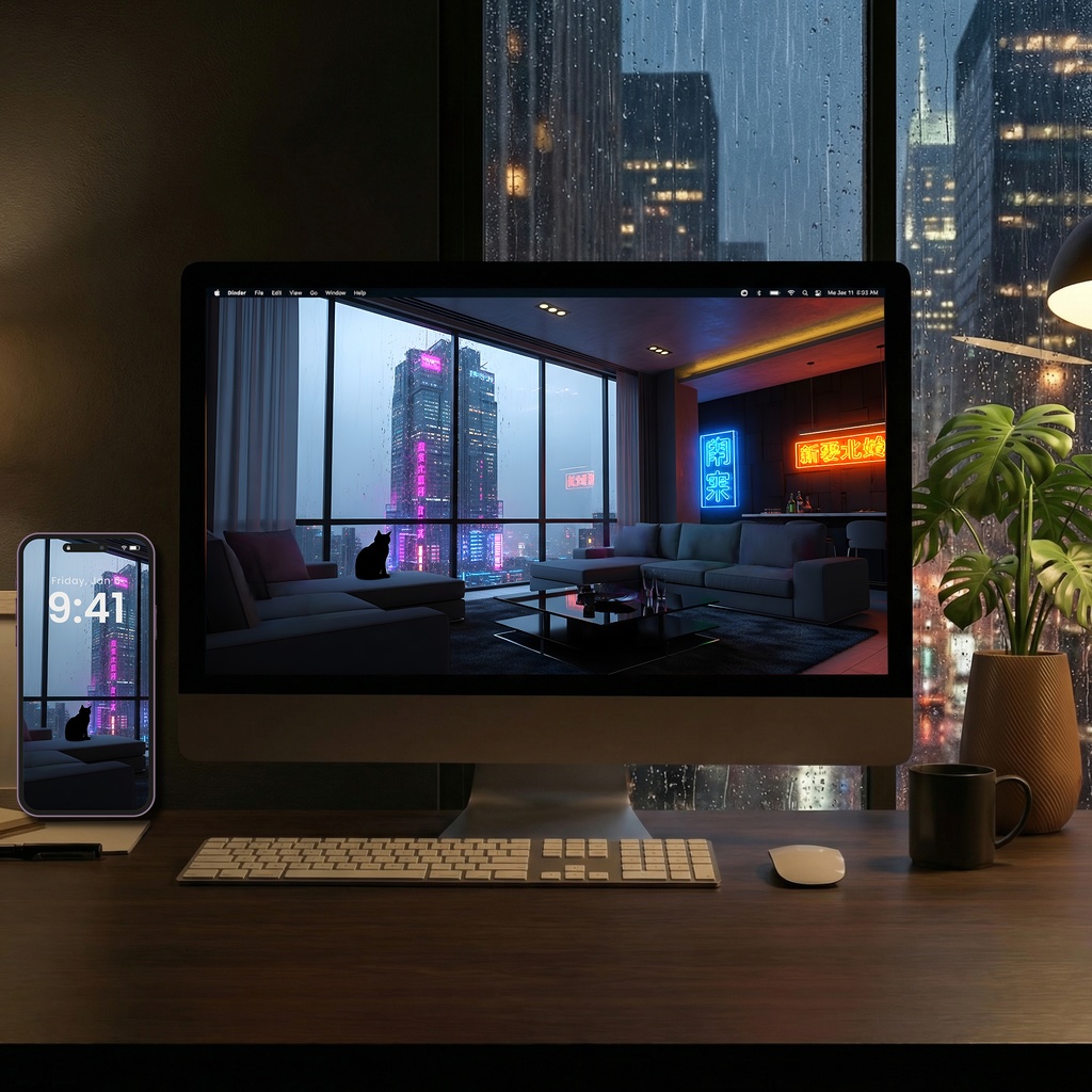 【動く背景】サイバーパンクなペントハウス - 雨と猫のいるネオン夜景 | Animated Background - Sci-Fi Penthouse Cityscape, Neon Rain, Cat, Chill Vtuber Stream Overlay