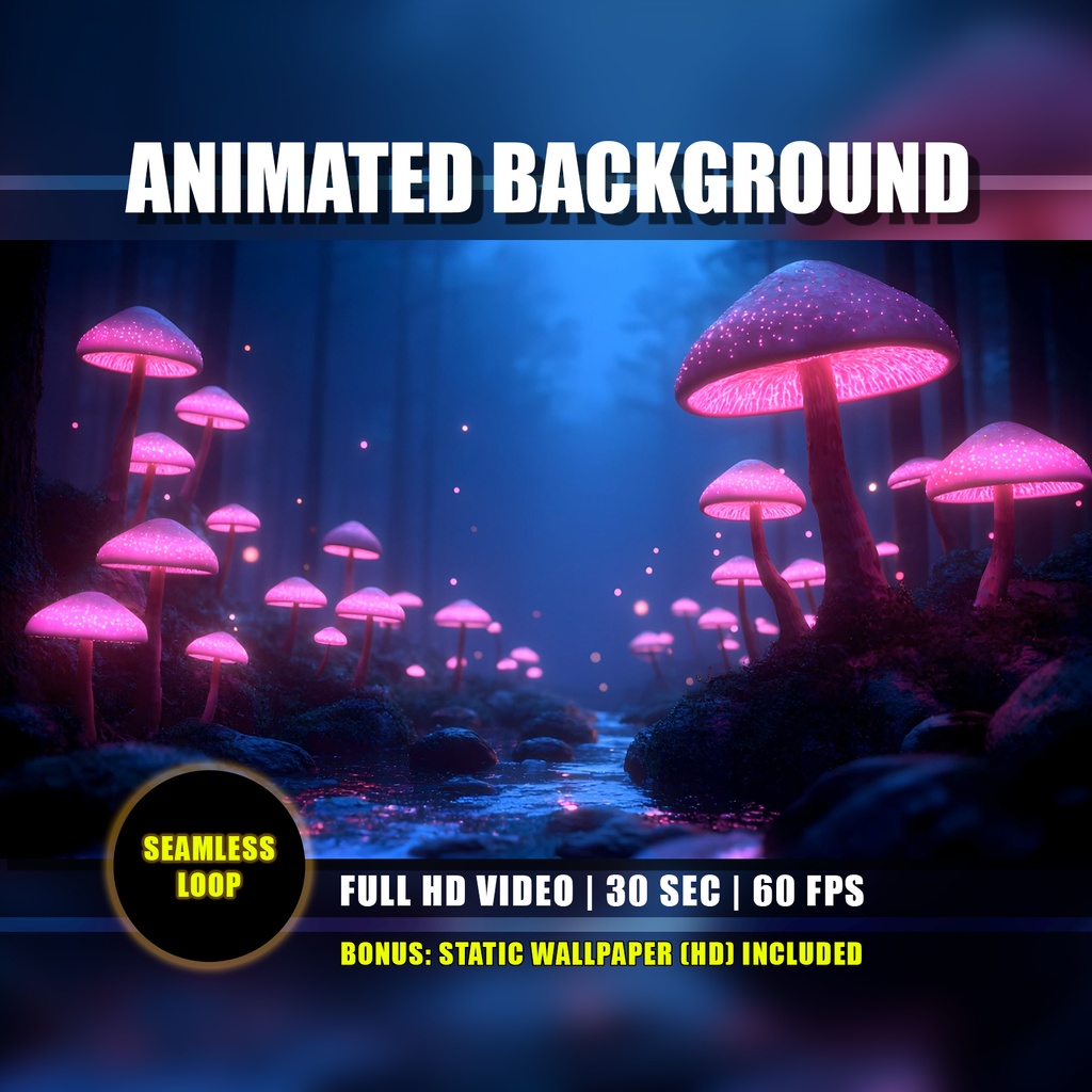 【動く背景】魔法のキノコの森 - ピンクのキノコと川 | Animated Background - Magical Mushroom Grove Forest, Pink Fungi, Fantasy River Nature, Vtuber Twitch Loop
