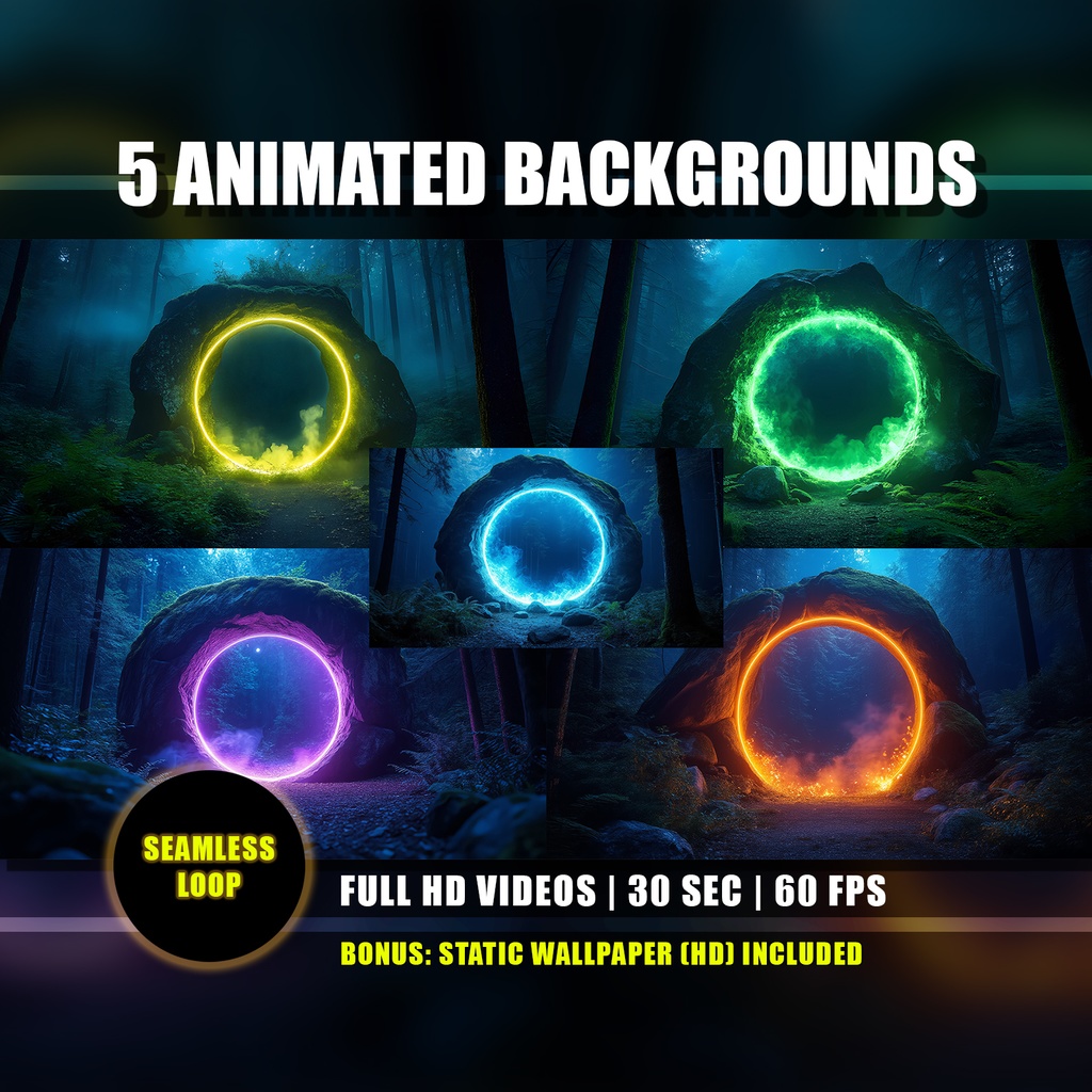  【動く背景】ポータル 5種セット - 幻想的な魔法のリング | Animated Background Bundle - 5 Portals Pack, Sci-Fi Fantasy Wormhole Rings, Vtuber Stream Overlay