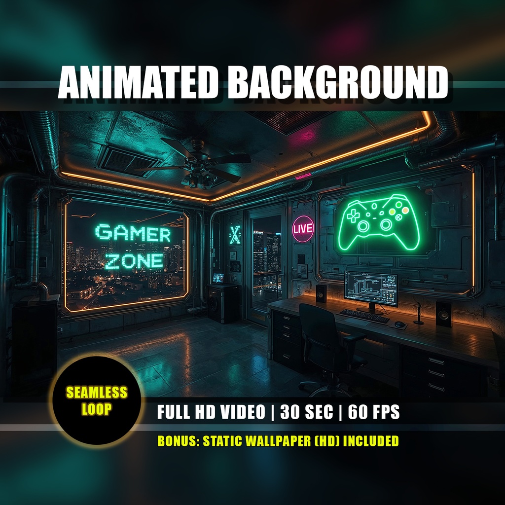 【動く背景】サイバーパンク・ゲーマーゾーン - ネオンコントローラー | Animated Background, Cyberpunk Gamer Room, Neon Game Setup, Cityscape, Vtuber Stream Overlay Loop