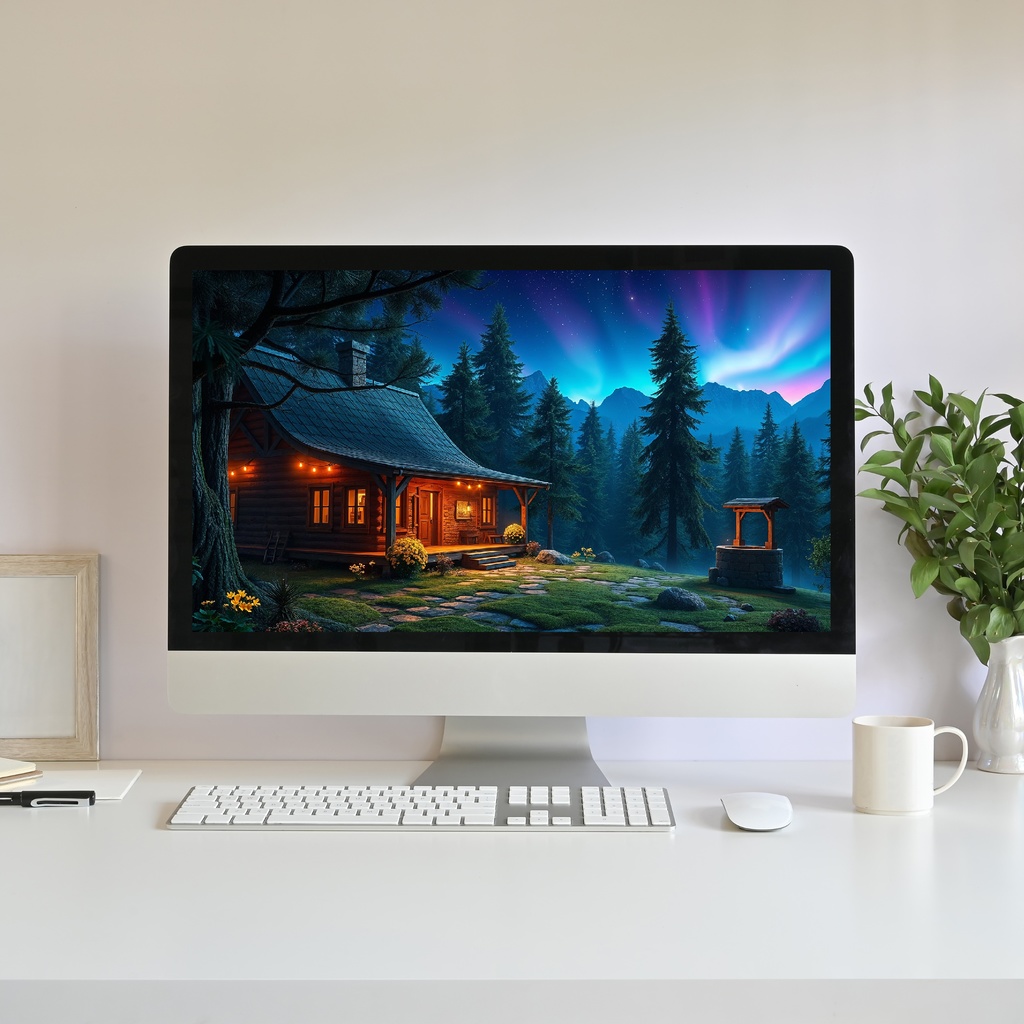 【動く背景】オーロラ輝く魔法の森のコテージ | Animated Background - Cozy Cabin, Aurora Night Forest, Relaxing Cottage, Vtuber Stream Overlay Loop