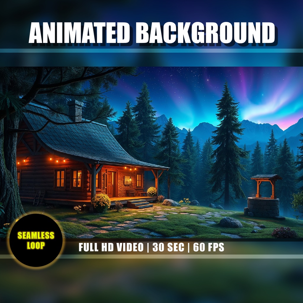  【動く背景】オーロラ輝く魔法の森のコテージ | Animated Background - Cozy Cabin, Aurora Night Forest, Relaxing Cottage, Vtuber Stream Overlay Loop