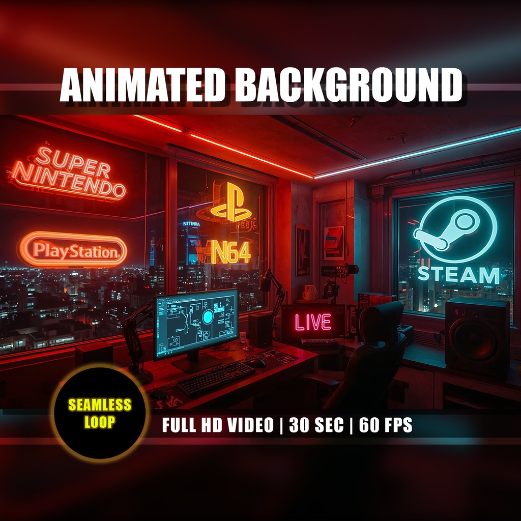 【動く背景】サイバーパンク・ゲーミングルーム - レッド・ワークステーション | Animated Background, Cyberpunk Gamer Room, Neon Red Studio, Night Cityscape, Vtuber Stream Overlay Loop