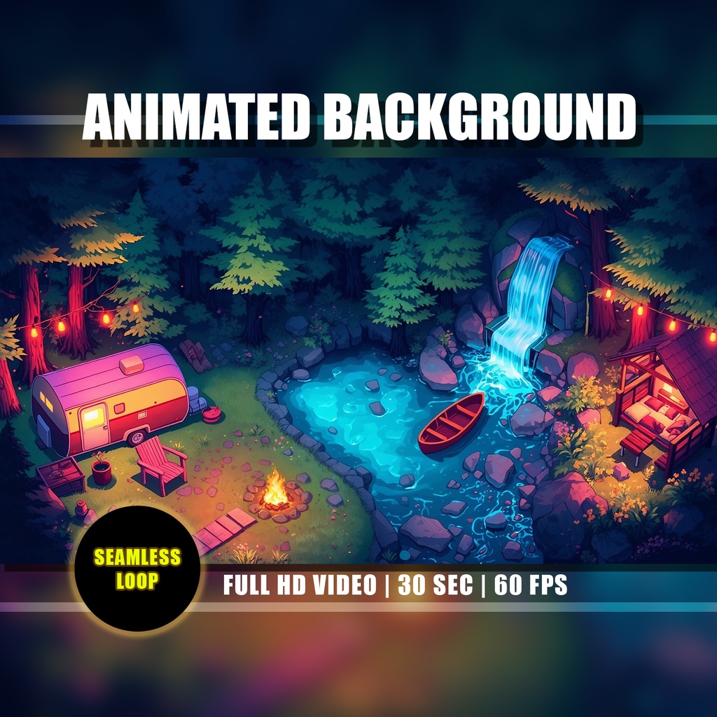  【動く背景】森のキャンプ場と滝の夜景 01 | Animated Background - Forest Campfire, Waterfall River, Cozy Night Outdoor, Vtuber Stream Overlay Loop