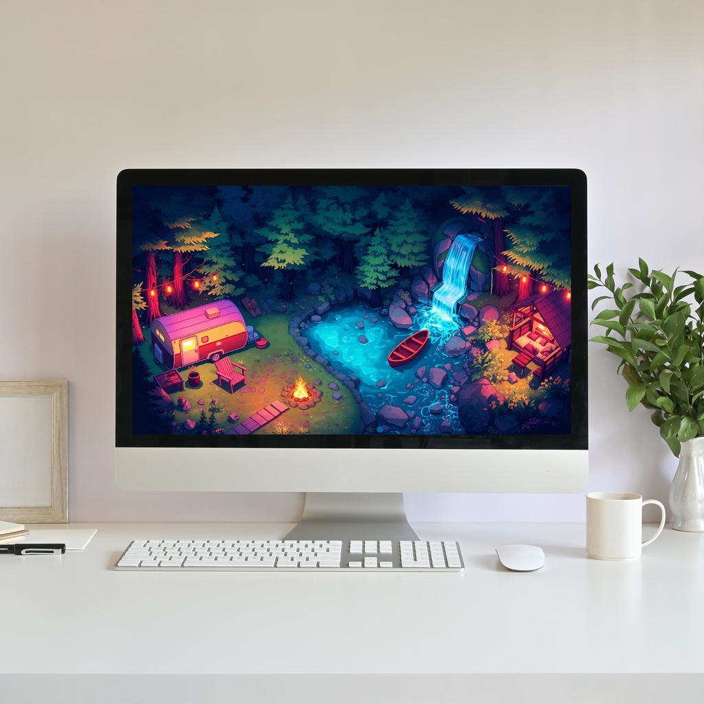 【動く背景】森のキャンプ場と滝の夜景 01 | Animated Background - Forest Campfire, Waterfall River, Cozy Night Outdoor, Vtuber Stream Overlay Loop