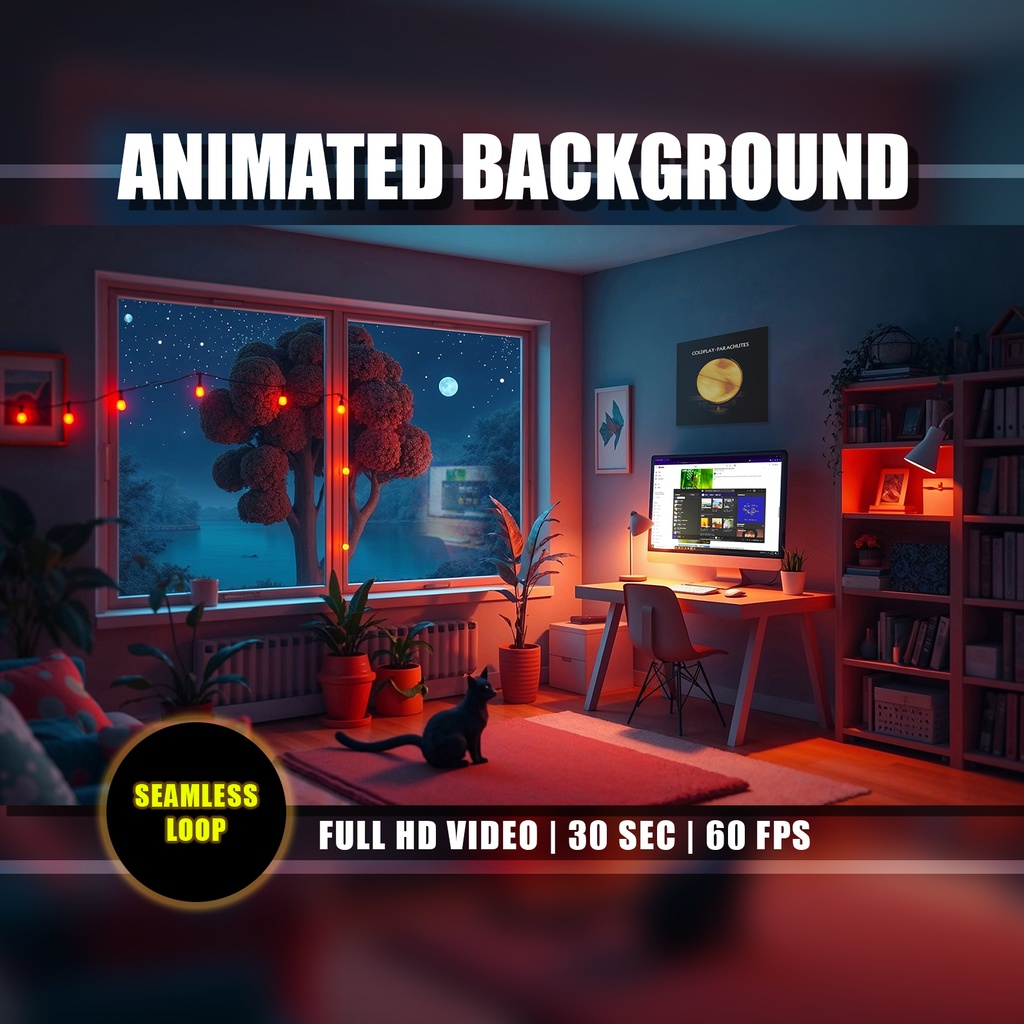 【動く背景】心地よいローファイ勉強部屋 01 | Animated Background - Cozy Lofi Study Room, Chill Ambience, Night View, Vtuber Stream Overlay Loop