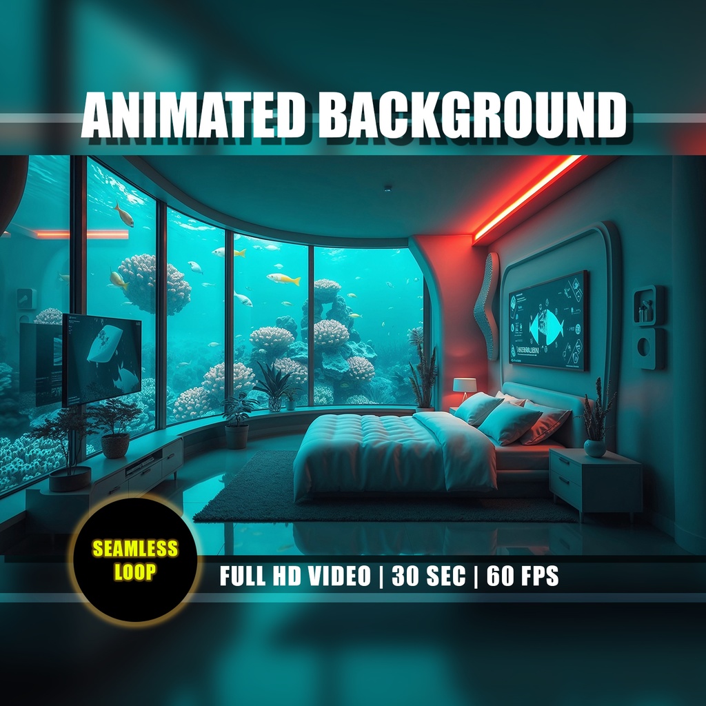 【動く背景】幻想的な海中寝室 01 - アクアティック・ルーム | Animated Background - Blue Underwater Bedroom, Cozy Aquatic Room, Vtuber Stream Overlay Loop